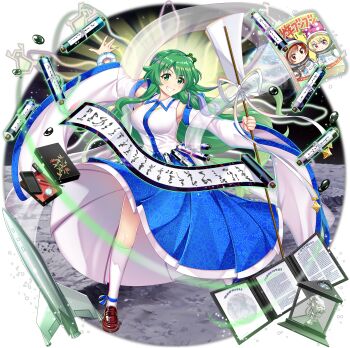 1girl aged_up blue_skirt breasts brown_shoes calligraphy_brush clownpiece detached_sleeves frog_hair_ornament full_body game_cg gohei green_eyes green_hair grin hagoromo hair_ornament hair_tubes hecatia_lapislazuli highres holding holding_gohei kneehighs kochiya_sanae large_breasts loafers long_hair long_skirt looking_at_viewer object_request official_art on_moon paintbrush rotte_(1109) scroll shawl shoes single_hair_tube skirt smile snake_hair_ornament socks solo third-party_source touhou touhou_lostword translation_request transparent_background very_long_hair white_socks