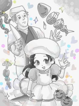 Rule 34 | 1boy, 1girl, 2010, age difference, carrot, chef hat, fish (food), greyscale, halloween (movie), hat, height difference, jamie lloyd, knife, michael myers, monochrome, size difference, squid, tomato, uncle and niece, woyuki
