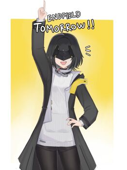 1girl arknights arknights:_endfield bajigurr black_coat black_hair black_leggings black_mask coat commentary cowboy_shot endministrator_(arknights) english_text facing_viewer female_endministrator_(arknights) gradient_background hand_on_own_hip highres leggings long_sleeves notice_lines open_clothes open_coat open_mouth pointing pointing_up solo sweater turtleneck turtleneck_sweater white_sweater yellow_background