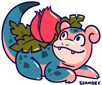 ahtnamaseed animal_focus black_eyes closed_mouth commentary english_commentary fakemon fangs full_body fusion gen_1_pokemon ivysaur looking_back nintendo no_humans nostrils pokemon pokemon_(creature) simple_background slowpoke solo transparent_background