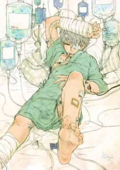 1boy arm_on_own_head arm_sling arm_up bandage_on_face bandage_on_leg bandage_on_thigh bandage_over_one_eye bandaged_arm bandaged_hand bandaged_head bandaged_leg bandages bare_legs barefoot bed bed_sheet blue_eyes bottomless broken_arm broken_leg drinking_straw drinking_straw_in_mouth eyepatch facing_viewer grey_hair half-closed_eyes hand_on_own_chest hospital_bed hospital_gown indoors injection injury intravenous_drip knee_up leaning_back liquid looking_at_object looking_at_self looking_to_the_side lying male_focus medical_eyepatch medical_scrubs mojyainu on_back on_bed one_eye_closed one_eye_covered open_hand original pillow scar scar_on_chest sleeves_rolled_up soles tag tape thermometer thermometer_in_mouth white_background wire