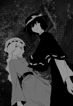 Rule 34 | 2girls, absurdres, arms at sides, belt, belt buckle, bow, buckle, capelet, collared dress, cowboy shot, dress, dutch angle, expressionless, frilled hat, frills, from side, greyscale, hat, hat bow, highres, long hair, looking to the side, maribel hearn, mob cap, monochrome, multiple girls, rev (revenger pic), ribbon-trimmed capelet, ribbon trim, shirt, short hair, sideways glance, skirt, standing, touhou, usami renko