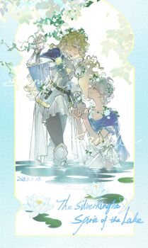1boy 1girl ada_mesmer ada_mesmer_(the_silver_knight) ahoge armor black_pantyhose blonde_hair blue_cape blue_scarf cape coldrex8 couple dated emil_(identity_v) emil_(spirit_of_the_lake)_(identity_v) english_text eye_contact flower frilled_shirt_collar frills green_eyes hair_intakes head_wreath hetero highres holding_hands identity_v in_water jewelry laurel_crown looking_at_another lotus lotus_leaf official_alternate_costume pantyhose parted_lips pectoral_cleavage pectorals plant puffy_sleeves ring scarf shirt side_cape smile tunic vambraces wavy_hair white_hair white_shirt white_tunic