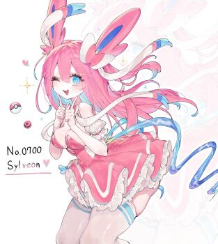 +_+ 1girl :d animal_ears bare_shoulders blue_eyes breasts cleavage dress frilled_dress frills gen_6_pokemon hair_ribbon hand_on_own_face heart highres idol looking_at_viewer medium_breasts multicolored_hair nintendo one_eye_closed open_mouth personification pink_dress pink_hair poke_ball pokemon pokemon_(creature) ribbon short_dress simple_background skirt smile sylveon thighhighs thighs togetoge white_background white_thighhighs