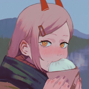 1girl black_scarf chainsaw_man cross-shaped_pupils demon_girl demon_horns eating food food_on_face hair_ornament hairclip highres holding holding_food horns long_hair looking_at_viewer pink_hair power_(chainsaw_man) red_horns scarf solo steamed_bun symbol-shaped_pupils tomatoketchup96 yellow_eyes