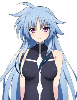 1girl bare_shoulders blue_hair blush breasts closed_mouth highres large_breasts levi_the_slasher long_hair looking_at_viewer lyrical_nanoha mahou_shoujo_lyrical_nanoha oshimaru026 purple_eyes simple_background smile solo upper_body white_background