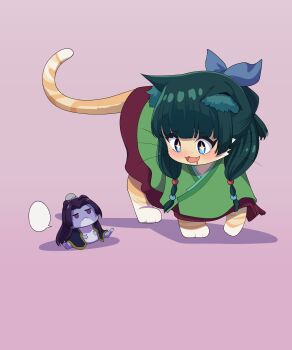 +_+ absurdres animal animal_ears animal_with_hair animalization blank_speech_bubble blue_eyes cat cat_ears chinese_clothes clothed_animal colored_skin commentary drooling fang freckles frog green_hair green_hanfu grey_background hair_bun hanfu highres j_humbo jinshi_(kusuriya_no_hitorigoto) kusuriya_no_hitorigoto long_hair looking_at_another maomao_(kusuriya_no_hitorigoto) no_humans open_clothes open_robe orange_fur purple_eyes purple_hair purple_robe purple_skin robe simple_background sitting sparkling_eyes speech_bubble symbol-only_commentary unamused