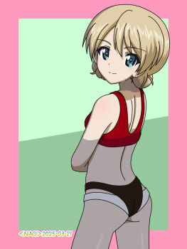 1girl ass blonde_hair blue_eyes blush braid breasts closed_mouth darjeeling_(girls_und_panzer) dated french_braid girls_und_panzer highres looking_at_viewer naotosi signature small_breasts smile solo