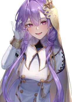 1girl absurdres aiguillette buttons collar commentary dress english_commentary esperanza_(shadowverse) gloves gold_wrist_cuffs hand_in_own_hair highres long_hair looking_at_viewer open_mouth pink_eyes purple_hair rin_arizu shadowverse shadowverse:_worlds_beyond simple_background smile solo upper_body veil white_background white_dress white_gloves wrist_cuffs