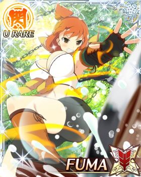 1girl bike_shorts boots breasts brown_eyes card_(medium) chain cleavage crop_top elbow_gloves fingerless_gloves fuma_(senran_kagura) fuuma_shuriken game_cg gloves grin hair_ribbon holding holding_shuriken holding_weapon large_breasts medium_hair midriff non-web_source official_alternate_costume official_art orange_hair outstretched_arm ribbon scarf senran_kagura senran_kagura_new_wave shuriken smile splashing sunlight topknot water weapon yellow_scarf