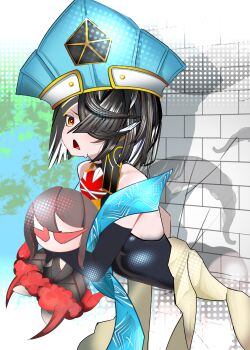 Rule 34 | 1girl, absurdres, bare shoulders, black hair, black leotard, blue hat, breasts, brown eyes, chinese clothes, detached sleeves, fate/grand order, fate (series), hair over one eye, hat, highres, kitsunebi44410, lady yu doll, leotard, looking at viewer, mole, mole under eye, off shoulder, open mouth, short hair, small breasts, solo, stuck, through wall, xu fu (fate), xu fu (first ascension) (fate)