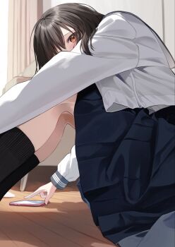 1girl black_hair black_socks blue_sailor_collar blue_skirt brown_eyes cellphone commentary_request couch curtains feet_out_of_frame from_side hair_over_one_eye highres indoors knees_up long_sleeves looking_at_viewer looking_to_the_side on_floor original pentagon_(railgun_ky1206) phone pleated_skirt puffy_long_sleeves puffy_sleeves ribbed_socks sailor_collar school_uniform serafuku shirt sitting skirt socks solo white_shirt wooden_floor