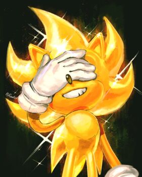 Rule 34 | 1boy, animal ears, animal nose, artist name, aura, black background, covering face, covering own eyes, furry, furry male, gloves, green eyes, grin, hand on own face, hand over eye, hedgehog, highres, kornart, male focus, simple background, smile, solo, sonic (series), sonic the hedgehog, sparkle, standing, super sonic, tail, teeth, white gloves, yellow fur