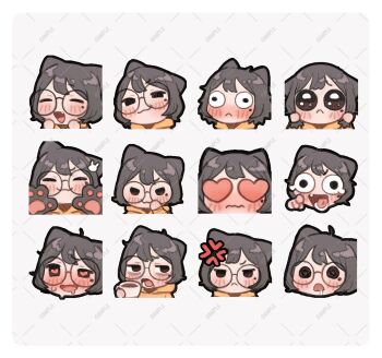1girl animal_ears black_eyes brown_hair cat_ears chibi emoji fang heart heart-shaped_eyes heart-shaped_pupils highres image_sample laughing medium_hair mole mole_under_eye multiple_persona original pointing pointing_at_viewer possi_(possummachine) possummachine round_eyewear sample_watermark sitting symbol-shaped_pupils watermark white_background