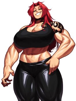 1girl 2023 abs absurdres arm_tattoo arm_up black_choker black_pants black_shirt borrowed_character breasts choker claw_pose cleavage clenched_hand commentary cowboy_shot crop_top english_commentary eyebrows_hidden_by_hair female_focus flexing grey_background grin half-closed_eyes hand_on_own_hip highres huge_breasts legs_apart legs_together looking_at_viewer messy_hair midriff muscular muscular_arms muscular_female muscular_legs original pants parted_bangs raine_(lyukaart) red_hair shadow shirt simple_background smile smug solo sotcho standing straight-on tattoo thick_thighs thighs tight_clothes tight_pants toned toned_female wide_hips yellow_eyes