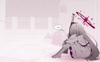 1girl absurdres blue_archive cape dress gun hair_between_eyes highres holding_own_leg holding_own_wrist kyoto_mogu lanchester_smg long_hair mika_(blue_archive) no_shoes on_floor pantyhose rain rifle scrunchie sidelocks submachine_gun trash_bag weapon white_cape white_dress white_pantyhose wrist_scrunchie