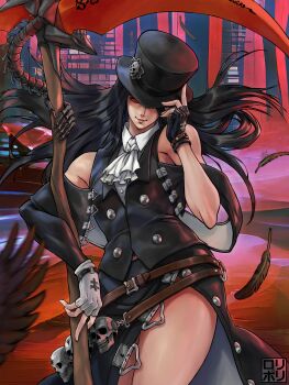 1other absurdres androgynous ascot asymmetrical_gloves asymmetrical_sleeves bare_shoulders belt black_gloves black_hair black_jacket black_skirt brown_belt falling_feathers feathers fingerless_gloves floating_hair gloves guilty_gear guilty_gear_strive hat hat_tip highres holding holding_weapon jacket jamrolypoly long_hair looking_at_viewer multiple_belts other_focus red_eyes scythe shirt side_slit skirt skull smile solo testament_(guilty_gear) top_hat weapon white_ascot white_gloves white_shirt