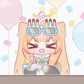 &gt;_&lt; 1girl animal_ears animated animated_gif balloon blue-framed_eyewear blue_archive blue_neckerchief blunt_bangs chibi closed_eyes confetti dress eyewear_on_head facing_viewer halo hat holding holding_party_popper horuhara long_hair long_sleeves lowres mari_(blue_archive) mouth_hold neckerchief no_nose orange_hair party_hat party_popper pink_hat puffy_long_sleeves puffy_sleeves solo sunglasses upper_body v-shaped_eyebrows white_hat yellow_halo