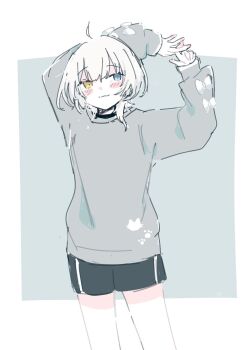 1girl :3 a_o_hlhp arms_up bang_dream! bang_dream!_it&#039;s_mygo!!!!! black_shorts blue_eyes blush closed_mouth grey_shirt heterochromia highres kaname_raana long_sleeves shirt short_hair shorts solo stretching white_hair yellow_eyes