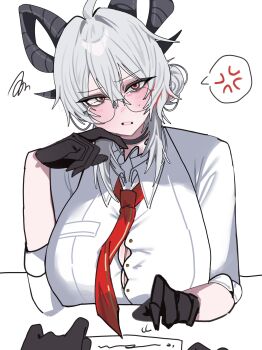 1girl 1other ahoge anger_vein black-framed_eyewear black_choker black_gloves black_horns blush breasts button_gap choker curved_horns dos_dos121 glasses gloves hair_between_eyes hand_up highres horns large_breasts necktie paper red_eyes red_necktie simple_background spiral spoken_anger_vein white_background white_hair wuthering_waves zani_(wuthering_waves)