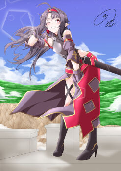 1girl ;d absurdres ahoge arm_up armor bare_hips bare_shoulders belt between_legs black_boots black_leotard blue_sky boots breastplate cloud cloudy_sky commentary_request day detached_sleeves elbow_gloves eyebrows_hidden_by_hair eyelashes fingerless_gloves floating_hair full_body gloves gold_trim grey_armor grin hair_intakes hand_between_legs hand_on_own_head headband high_heel_boots high_heels highleg highleg_leotard highres landscape leaning_forward leotard long_hair long_skirt long_sleeves looking_at_viewer maximum7010 messy_hair obsidian_slasher on_pilllar one_eye_closed open_mouth outdoors pillar pointy_ears purple_gloves purple_hair purple_skirt purple_sleeves raised_eyebrows red_belt red_eyes red_headband red_skirt scabbard sheath sheathed side_slit signature skirt sky smile solo standing sword sword_art_online thigh_boots two-tone_skirt weapon yuuki_(sao)