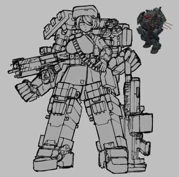 Rule 34 | 1girl, :|, absurdres, ammunition belt, arm mounted weapon, armor, breasts, clenched hand, closed mouth, commentary, english commentary, extra arms, grey background, greyscale, gun, helmet, highres, lancer rpg, legs apart, lineart, medium breasts, monochrome, personification, planted, reference inset, robot girl, scope, short hair, shoulder armor, simple background, solo, swept bangs, tortuga (lancer rpg), weapon, yadana324