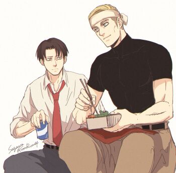 2boys absurdres artist_name belt bento black_belt black_hair black_shirt blonde_hair blue_eyes brown_pants can chopsticks collared_shirt erwin_smith grey_pants headband highres holding holding_bento holding_can holding_chopsticks levi_(shingeki_no_kyojin) looking_at_another male_focus mskei multiple_boys necktie pants parted_bangs red_necktie shingeki_no_kyojin shirt short_hair sitting sleeves_rolled_up thick_eyebrows twitter_username white_background white_headband white_shirt