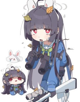 Rule 34 | 1girl, animal ear hairband, animal ears, binoculars, black gloves, black hair, blue archive, blue serafuku, bright pupils, buivi, chibi, chibi inset, fake animal ears, gloom (expression), gloves, green neckerchief, gun, hairband, halo, holding, holding gun, holding weapon, leaf, leaf on head, long hair, long sleeves, looking at viewer, miyu (blue archive), multiple views, neckerchief, pantyhose, pleated skirt, rabbit ear hairband, rabbit ears, red eyes, school uniform, serafuku, simple background, skirt, teardrop, weapon, white background, white pantyhose, white pupils
