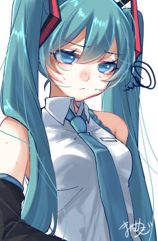 1girl absurdres blue_eyes blue_hair blue_necktie blush breasts closed_mouth collarbone detached_sleeves hair_between_eyes hair_ornament hatsune_miku highres long_hair long_sleeves looking_down mai_mugi medium_breasts necktie shirt simple_background sleeveless sleeveless_shirt solo twintails upper_body very_long_hair vocaloid white_background white_shirt