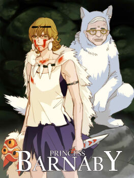 2boys albert_maverick animal_costume bad_id bad_pixiv_id barnaby_brooks_jr. blonde_hair cape cosplay earrings facepaint facial_mark glasses green_eyes grey_hair jewelry knife mononoke_hime multiple_boys necklace parody reammara san_(cosplay) san_(mononoke_hime) studio_ghibli tiger_&amp;_bunny warts wolf wolf_costume