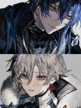 Rule 34 | 2boys, black gloves, blue eyes, blue hair, closed mouth, crossed bangs, crying, flins (genshin impact), fur trim, genshin impact, gloves, highres, illuga (genshin impact), kjbb782723, male focus, multiple boys, smile, split screen, streaming tears, tears, teeth, white background, yellow eyes