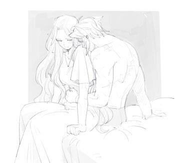arm_around_waist blush border breasts closed_eyes dress ear_blush earrings feet_out_of_frame grey_background greyscale half-closed_eyes helikasei jewelry kissing_shoulder light_blush light_smile link long_dress long_hair medium_breasts monochrome nintendo on_bed parted_bangs pointy_ears princess_zelda scar scar_on_arm scar_on_back short_hair short_sleeves sitting the_legend_of_zelda the_legend_of_zelda:_twilight_princess topless_male white_border