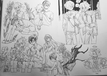 2girls 5boys ? @_@ alternate_costume alternate_sleeve_length angel_wings antenna_hair arm_up aubrey_(faraway)_(omori) aubrey_(omori) basil_(faraway)_(omori) basil_(omori) blush brown_shoes cat chibi closed_eyes closed_mouth collarbone collared_shirt double-parted_bangs eyepatch flower flower_wreath food fruit greyscale hair_between_eyes hair_flower hair_ornament hairband halo hands_on_own_knees head_on_another&#039;s_shoulder head_wreath highres holding holding_food holding_fruit holding_knife holding_watermelon house jacket kel_(faraway)_(omori) kel_(omori) knife lap_pillow long_hair long_sleeves looking_at_another lying mari_(omori) mari_(spirit)_(omori) monochrome moonskysoon multiple_boys multiple_girls night omori omori_(omori) on_side open_clothes open_jacket open_mouth outdoors pants parted_lips shirt shoes short_hair short_sleeves shorts sidelocks simple_background smile socks something_(omori) speech_bubble spitting_seed spoilers spoken_question_mark stranger_(omori) sunny_(omori) sweater_vest t-shirt traditional_media watermelon watermelon_slice wings