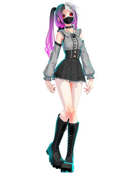 1girl 3d bare_shoulders black_choker black_skirt boots buttons calne_ca_(deino) choker cowboy_shot deino_(deino3330) detached_sleeves earrings frilled_shirt frilled_skirt frills gradient_hair grey_shirt heterochromia high-waist_skirt highres jewelry jirai_kei knee_boots lace-up_boots long_hair looking_at_viewer mask miniskirt mouth_mask multicolored_hair nail_polish nato-kun necklace original pink_hair platform_boots purple_hair red_eyes red_nails shirt skirt skull_necklace solo standing twintails white_background