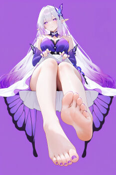 absurdres bare_legs barefoot breasts butterfly_hair_ornament castorice_(honkai:_star_rail) cleavage dress feet foreshortening ggll hair_ornament highres honkai:_star_rail honkai_(series) lifting_own_clothes looking_at_viewer nail_polish pointy_ears presenting_own_foot purple_dress purple_eyes purple_hair purple_nails soles toenail_polish toenails white_hair