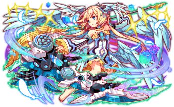 adapted_costume alternate_costume aqua_eyes aqua_wings artist_request bare_legs bare_shoulders barefoot black_choker blonde_hair cel_shading choker covered_navel crash_fever cube detached_sleeves dress feathers full_body game_cg head_wings holding holding_polearm holding_weapon jung_(crash_fever) long_hair low_wings medium_hair navel number_print numbered official_alternate_costume official_art open_mouth outline polearm print_sleeves red_outline solo spear square square_print strapless strapless_dress tachi-e third-party_source transparent_background very_long_hair weapon white_dress white_feathers white_sleeves wings