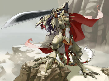 androgynous armor cape claws fangs fantasy fighting_stance furry gender_request green_eyes long_tongue mountain multicolored_hair open_mouth outdoors rain_silves rock sergal sky solo sword tail tongue tongue_out trancy_mick weapon