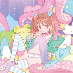 Rule 34 | 1girl, @ @, ahoge, album cover, animal collar, bell, blush, brown eyes, brown hair, candy, cherry, collar, cover, flat chest, food, food-themed hair ornament, fruit, green jacket, hair intakes, hair ornament, halterneck, highres, holding, holding candy, holding food, holding lollipop, jacket, jingle bell, knee up, kokaki mumose, kotoko (singer), licking, lollipop, looking at viewer, macaron hair ornament, multicolored nails, nail polish, neck bell, off shoulder, official art, panties, parted hair, real life, reclining, scrunchie, sitting, snake, solo, star (symbol), striped clothes, striped panties, striped thighhighs, stuffed animal, stuffed toy, swirl lollipop, tentacles, textless version, thighhighs, thighs, third-party source, tongue, tongue out, twintails, underwear, wrist scrunchie