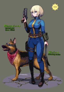 1girl baton blonde_hair blue_jumpsuit boots dog dogmeat dual_wielding e79 english_text fallout fallout_4 goggles gun handgun holding jumpsuit looking_to_the_side neckerchief pip_boy pixel_art pouch short_hair solo trigger_discipline weapon