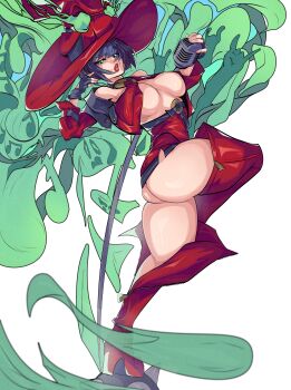 1girl absurdres arc_system_works ass boots corset detached_sleeves female_focus fingerless_gloves gloves guilty_gear guilty_gear_strive hat highres i-no microphone molutw solo thigh_boots white_background witch_hat