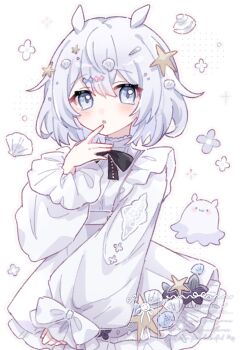 1girl artist_name black_bow black_bowtie blue_eyes blush bow bowtie commentary commission cowboy_shot double-parted_bangs dress english_commentary frilled_dress frills hair_between_eyes hair_ornament hand_up highres long_sleeves looking_at_viewer open_mouth original short_hair simple_background solo starfish_hair_ornament vgen_commission watermark white_background white_dress white_hair yukomeow