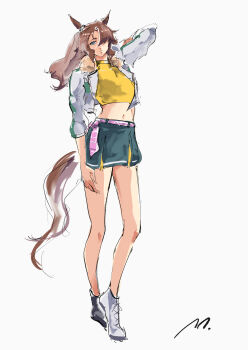 1girl absurdres animal_ears asymmetrical_footwear black_shoes blue_eyes brown_hair commentary_request full_body green_skirt hair_over_eyes highres horse_ears horse_girl horse_tail jacket mejiro_palmer_(umamusume) midriff mismatched_footwear navel ponytail purple_sash ringring_(artist) sash shirt shoes signature skirt sleeveless sleeveless_turtleneck solo tail turtleneck umamusume white_background white_jacket white_shoes yellow_shirt