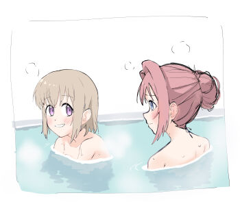 2girls blue_eyes blush brown_hair closed_mouth commentary_request grin hair_bun hair_up highres kamiina_botan kamiina_botan_yoeru_sugata_wa_yuri_no_hana long_hair multiple_girls nude onsen outdoors partially_submerged pink_hair purple_eyes ruki_(user_cuxn5527) same-sex_bathing shared_bathing short_hair smile tonami_ibuki water wet