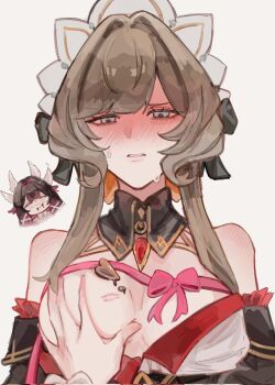 Rule 34 | 2girls, bare shoulders, black collar, black hair, black sleeves, blue eyes, blush, bonnet, breasts, brown hair, candy, chest ribbon, chocolate, chocolate bar, chocolate heart, chocolate on body, chocolate on breasts, chocolate on face, cleavage, closed eyes, closed mouth, collar, columbina (genshin impact), detached collar, detached sleeves, eni (enidaisy69), eye mask, food, food between breasts, food on body, food on breasts, food on face, gem, genshin impact, gift, grabbing another's breast, groping, hair ornament, hashtag-only commentary, head wings, headdress, heart, heart-shaped food, heart on chest, highres, lipstick mark, long hair, long sleeves, mask, melting, multicolored hair, multiple girls, multiple wings, naked ribbon, open mouth, purple hair, purple streaks, red gem, ribbon, sandrone (genshin impact), see-through clothes, see-through mask, short hair with long locks, simple background, smile, streaked hair, sweat, two-tone hair, unworn clothes, valentine, white headdress, white mask, white wings, wing hair ornament, wings, wrist bow, x-shaped eyewear, yuri