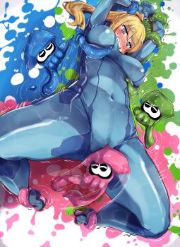 1girl blonde_hair blue_eyes bodysuit bound bound_arms bound_legs breasts cameltoe clenched_teeth covered_navel gluteal_fold grabbing_another's_breast groping highres ink inkling inkling_(squid) lying metroid motion_lines nintendo on_back ponytail pussy_juice_stain samus_aran skin_tight speed_lines splatoon_(series) spread_legs squid super_smash_bros. teeth tentacles through_clothes yuzumiya_mono zero_suit