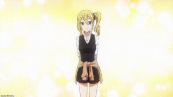 1girl animated animated_gif anime_screenshot black_skirt black_vest blonde_hair blue_eyes blue_nail_polish blue_nails blue_scrunchie blush breasts brown_cardigan cardigan cardigan_around_waist clothes_around_waist collared_shirt dot_nose female_focus hair_ornament hair_scrunchie hayasaka_ai jewelry kaguya-sama_wa_kokurasetai_~tensai-tachi_no_renai_zunousen~ long_hair long_sleeves looking_at_viewer medium_breasts miniskirt nail_polish necklace open_mouth pleated_skirt school_uniform scrunchie shirt shirt_under_vest shuuchiin_academy_school_uniform side_ponytail skirt smile solo solo_focus teeth vest white_shirt
