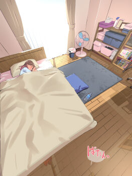 1girl bed bedroom blue_shirt blush bottle brown_eyes brown_hair colored_tips commentary_request electric_fan highres ishii_(isuwie) lying medium_hair multicolored_hair on_bed on_side original shirt translation_request water_bottle