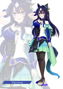 1girl absurdres animal_ears asymmetrical_footwear asymmetrical_jacket black_pantyhose blue_eyes blue_hair blush breasts character_name commentary_request dress ear_covers hair_between_eyes highres horse_ears horse_girl horse_tail jacket konsu_(konsu1182da) long_hair looking_at_viewer medium_breasts mismatched_footwear mole mole_under_eye multicolored_hair pantyhose parted_lips revision shoes single_ear_cover single_sleeve smile tail umamusume verxina_(le_beau_sommet)_(umamusume) verxina_(umamusume) zoom_layer