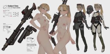 2girls absurdres armor black_armor blonde_hair breasts reference_sheet commission deathtrooper energy_gun english_text gun handgun highres large_areolae laser_rifle machine_gun mg34 multiple_girls nipples nude polilla revolver rifle siblings simple_background small_breasts star_wars stormtrooper twins vera_(fierywitherrose) vicky_(fierywitherrose) weapon white_armor