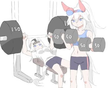 2girls ahoge animal_ears barbell bare_shoulders black_hair black_shorts blue_eyes blue_hairband breasts closed_mouth commentary_request dumbbell exercising hair_between_eyes hairband headband holding horse_ears horse_girl horse_tail long_hair lying multicolored_hair multiple_girls navel norippe_(user_zgsf8872) oguri_cap_(umamusume) on_back ponytail red_headband shirt shorts small_breasts standing strong tail tamamo_cross_(umamusume) two-tone_hair umamusume v-shaped_eyebrows weightlifting white_hair white_shirt
